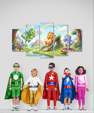 Five children in superhero costumes standing in front of a set of colorful wall art panels.