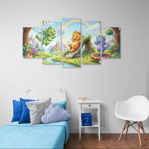 Five-panel children's wall art in a bedroom setting with a bed, chair, and small table.
