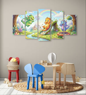 Five-panel children's wall art with cartoon characters in a playroom setting.