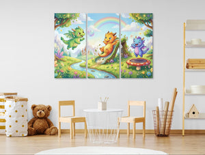 Three-panel children's artwork of dragons and a rainbow in a room with toys and furniture.