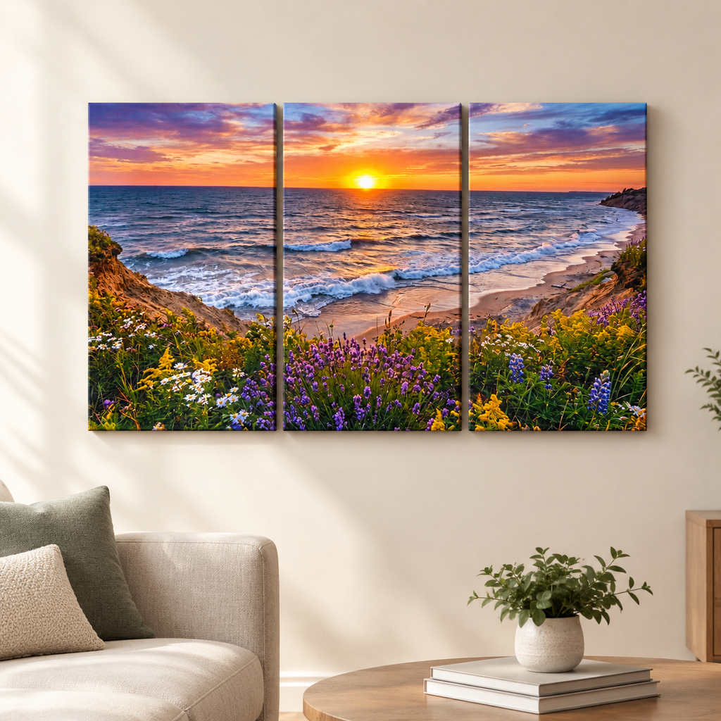 Lake Michigan Bluff at Sunset with Lavender Flowers  – 1, 3, 5-Panel Split Canvas Wall Art