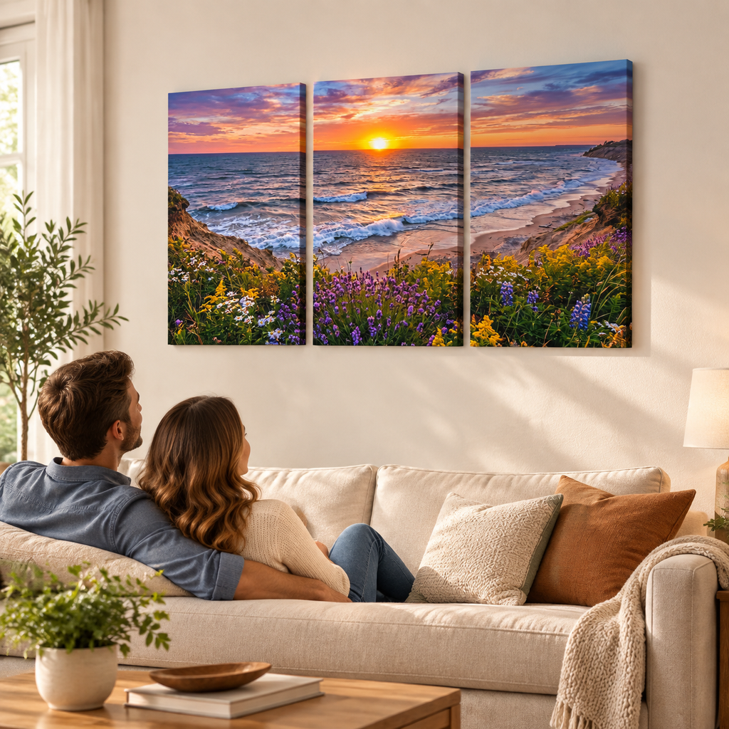 Lake Michigan Bluff at Sunset with Lavender Flowers  – 1, 3, 5-Panel Split Canvas Wall Art