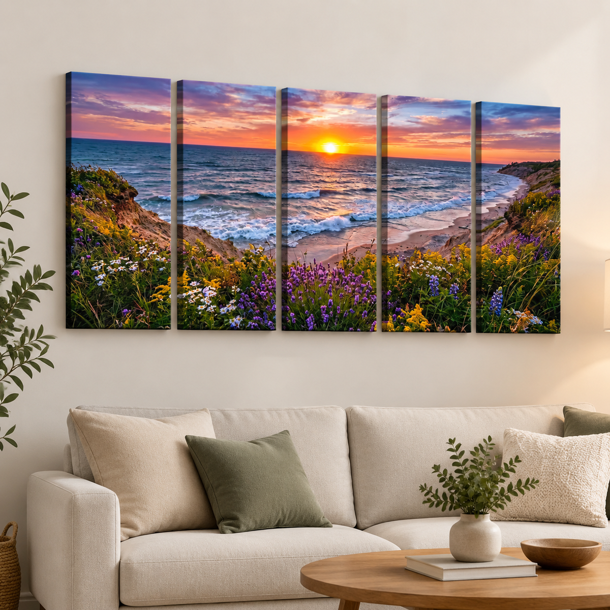 Lake Michigan Bluff at Sunset with Lavender Flowers  – 1, 3, 5-Panel Split Canvas Wall Art