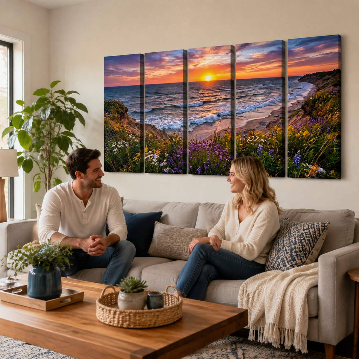 Lake Michigan Bluff at Sunset with Lavender Flowers  – 1, 3, 5-Panel Split Canvas Wall Art