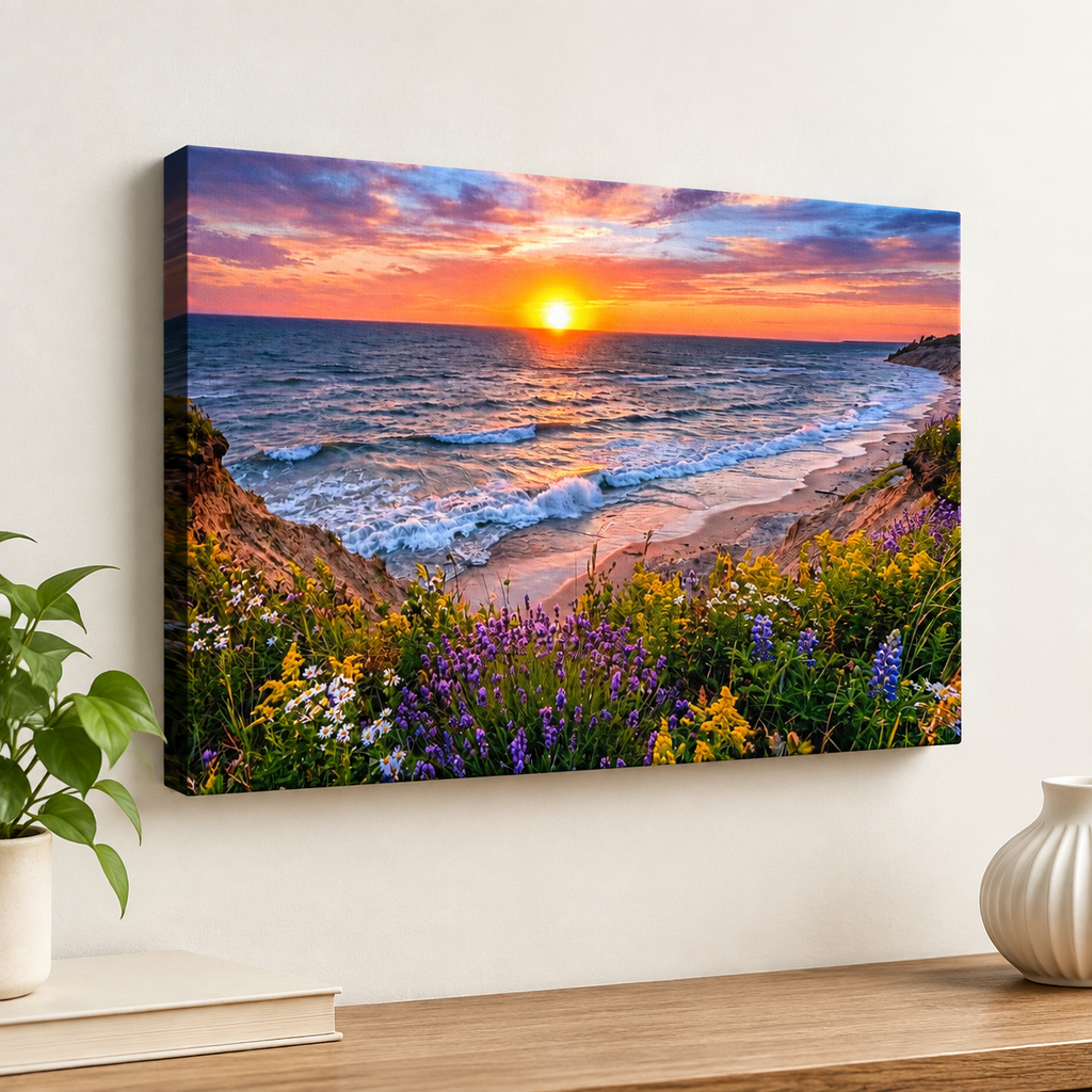 Lake Michigan Bluff at Sunset with Lavender Flowers  – 1, 3, 5-Panel Split Canvas Wall Art