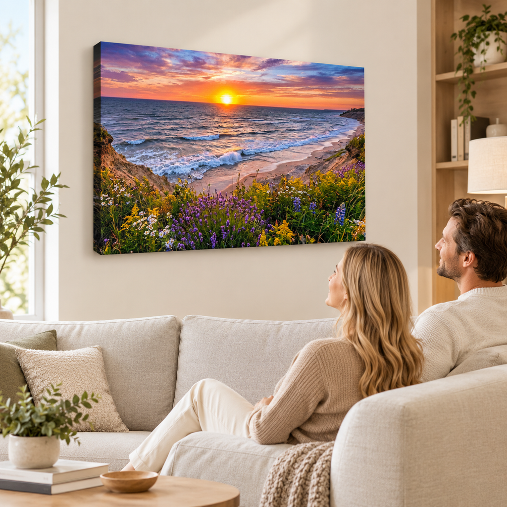 Lake Michigan Bluff at Sunset with Lavender Flowers  – 1, 3, 5-Panel Split Canvas Wall Art