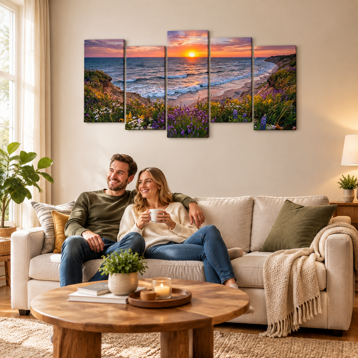 Lake Michigan Bluff at Sunset with Lavender Flowers  – 1, 3, 5-Panel Split Canvas Wall Art