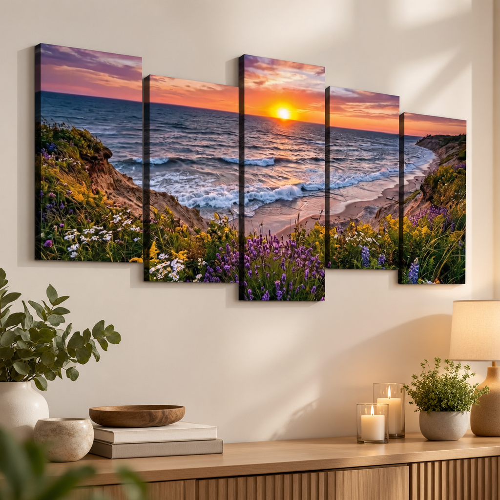 Lake Michigan Bluff at Sunset with Lavender Flowers  – 1, 3, 5-Panel Split Canvas Wall Art