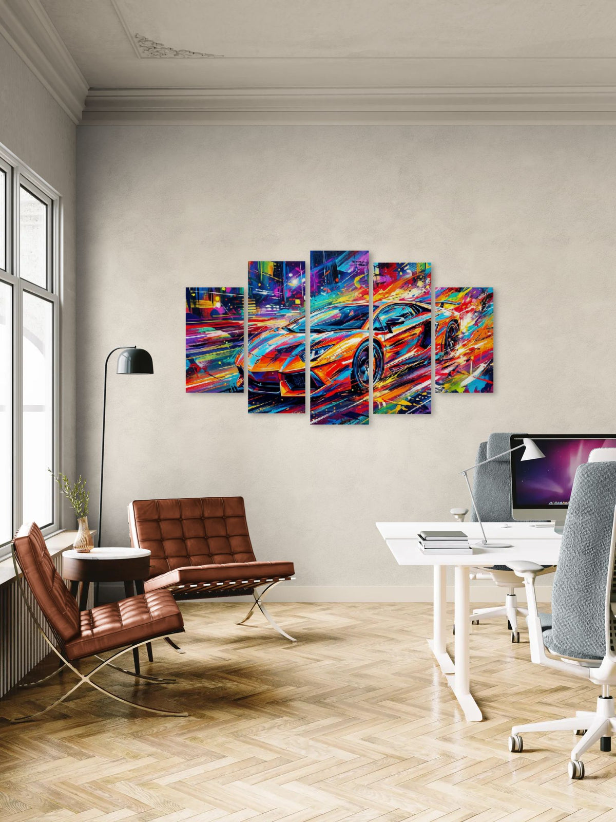 Modern office with a colorful abstract painting of a Lamborghini Aventador on the wall.