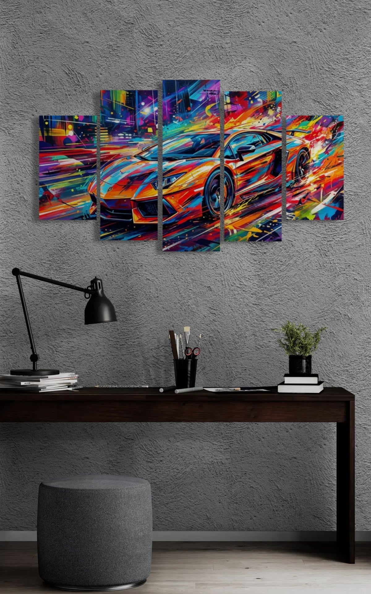 Colorful abstract car painting on a gray wall above a desk.