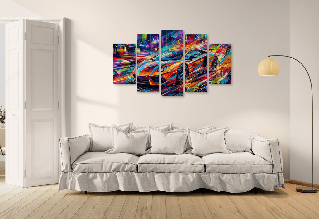 Colorful abstract Lamborghini Aventador wall art above a white sofa in a living room.