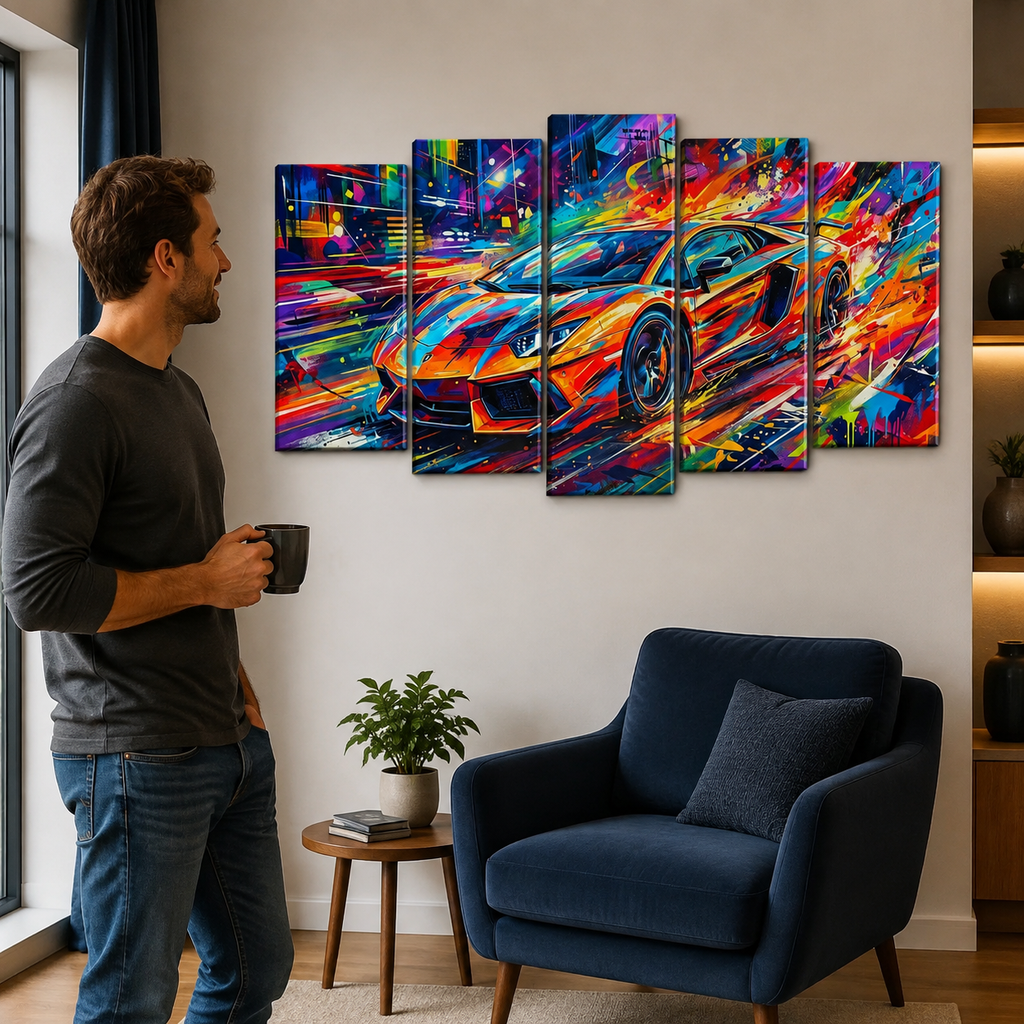 Lamborghini Aventador Canvas Wall Art – Velocity in Color Abstract | 1, 3 & 5 Panel Supercar Print