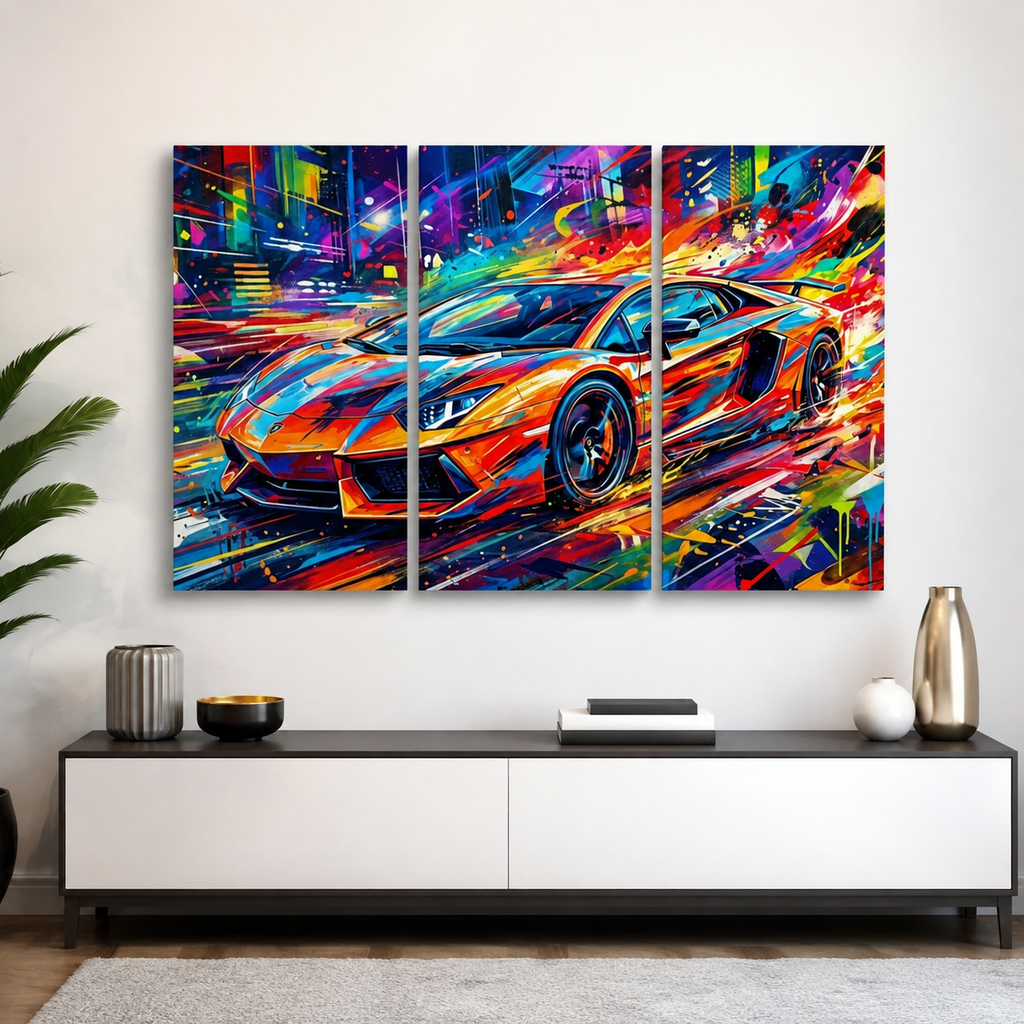 Lamborghini Aventador Canvas Wall Art – Velocity in Color Abstract | 1, 3 & 5 Panel Supercar Print
