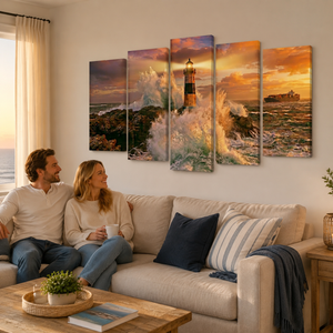 Sunset Lighthouse & Ship Canvas Wall Art – Coastal Nautical Scene | 1, 3 & 5 Panel Home Décor