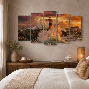 Sunset Lighthouse & Ship Canvas Wall Art – Coastal Nautical Scene | 1, 3 & 5 Panel Home Décor
