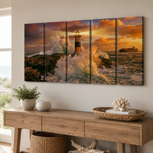 Sunset Lighthouse & Ship Canvas Wall Art – Coastal Nautical Scene | 1, 3 & 5 Panel Home Décor