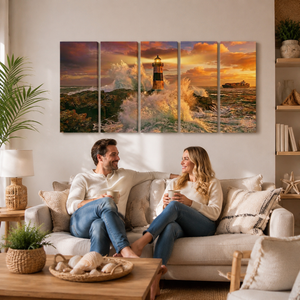 Sunset Lighthouse & Ship Canvas Wall Art – Coastal Nautical Scene | 1, 3 & 5 Panel Home Décor