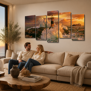 Sunset Lighthouse & Ship Canvas Wall Art – Coastal Nautical Scene | 1, 3 & 5 Panel Home Décor