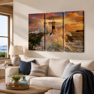 Sunset Lighthouse & Ship Canvas Wall Art – Coastal Nautical Scene | 1, 3 & 5 Panel Home Décor
