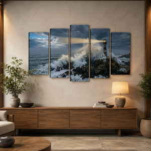 Stormy Lighthouse Canvas Wall Art – Dramatic Coastal Storm Scene | 1, 3 & 5 Panel Home Décor Print