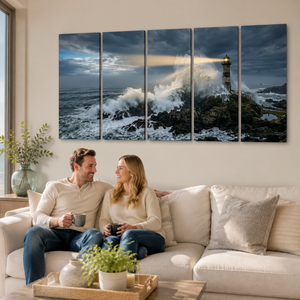Stormy Lighthouse Canvas Wall Art – Dramatic Coastal Storm Scene | 1, 3 & 5 Panel Home Décor Print