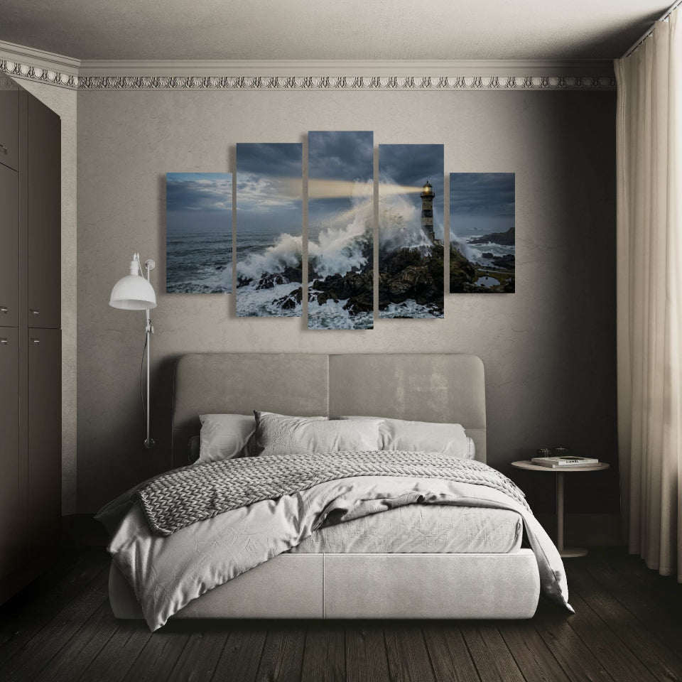 Stormy Lighthouse Canvas Wall Art – Dramatic Coastal Storm Scene | 1, 3 & 5 Panel Home Décor Print