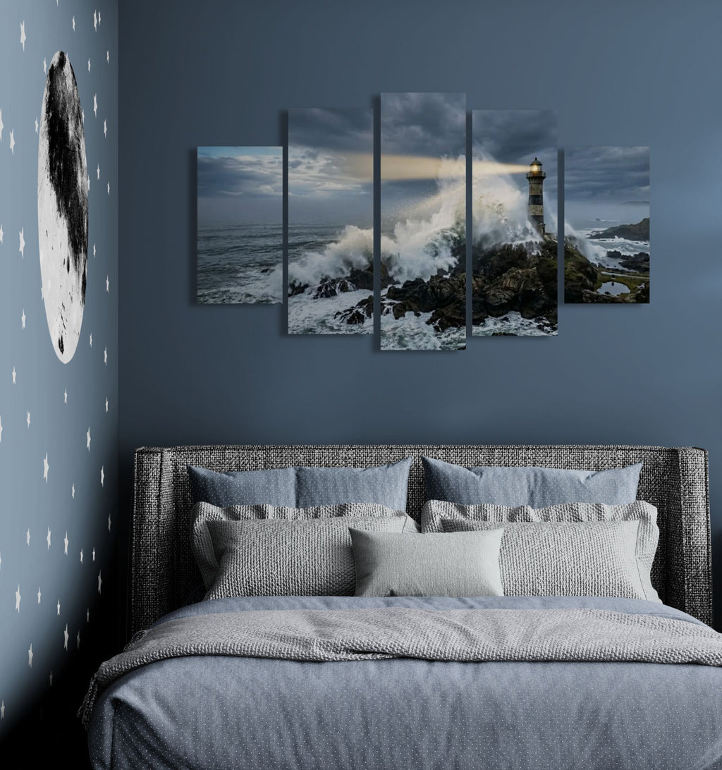 Bedroom with a large wall art piece depicting a lighthouse and ocean scene.