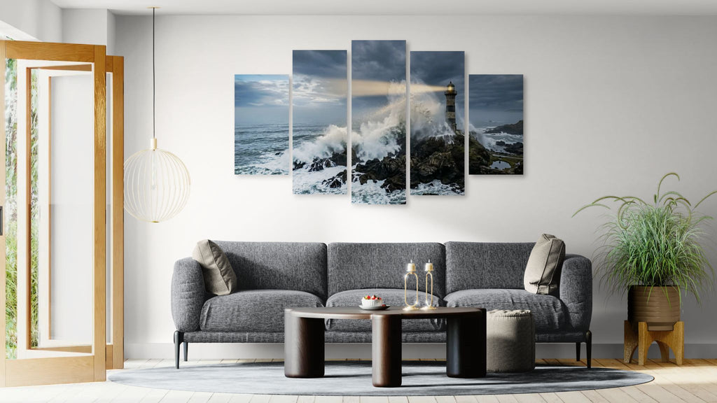 Stormy Lighthouse Canvas Wall Art – Dramatic Coastal Storm Scene | 1, 3 & 5 Panel Home Décor Print
