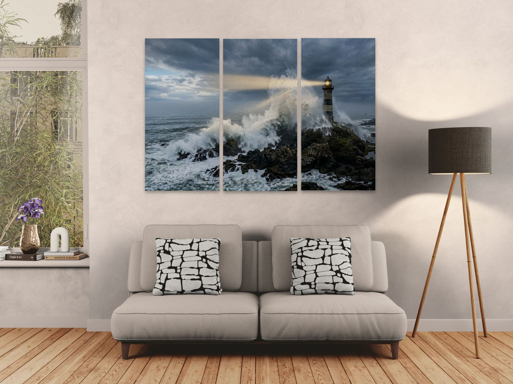 Stormy Lighthouse Canvas Wall Art – Dramatic Coastal Storm Scene | 1, 3 & 5 Panel Home Décor Print