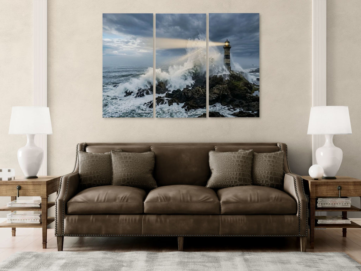 Stormy Lighthouse Canvas Wall Art – Dramatic Coastal Storm Scene | 1, 3 & 5 Panel Home Décor Print