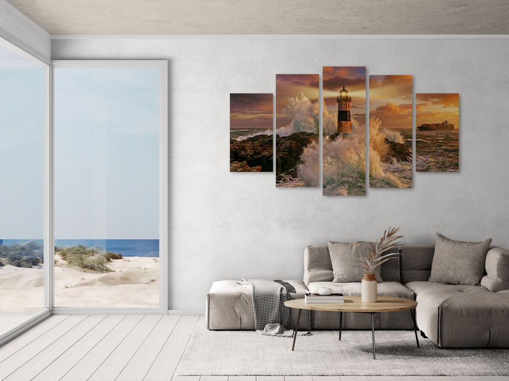 Living room with a large wall art piece depicting a lighthouse scene.