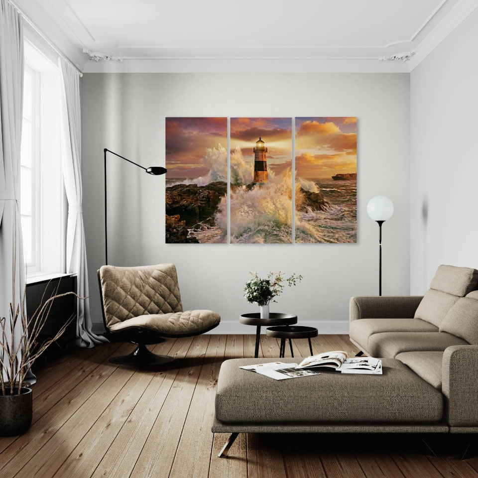 Modern living room with a triptych painting of a lighthouse on the wall.