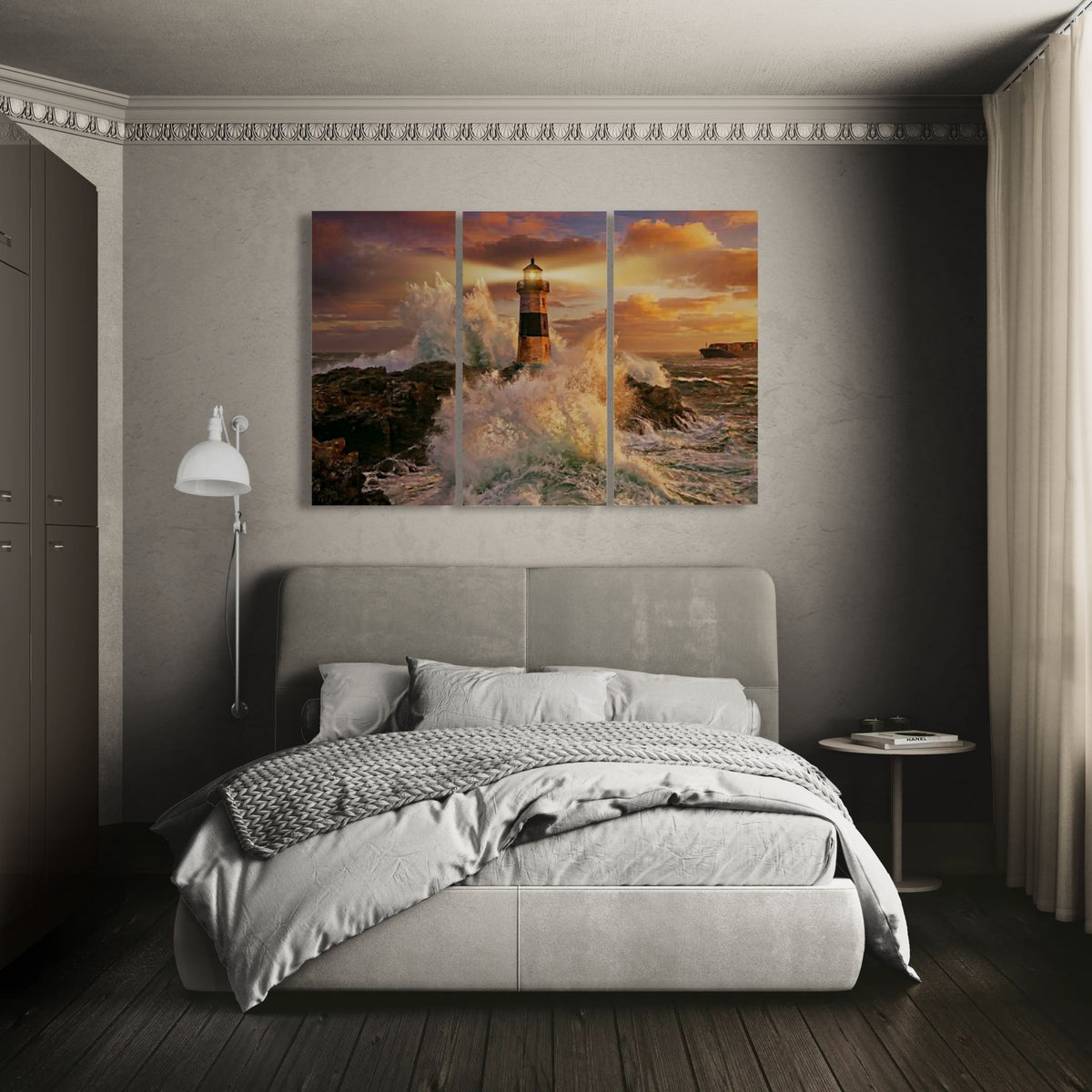 Bedroom with a large wall art of a lighthouse scene.
