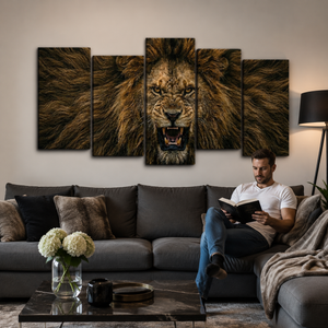 Majestic Lion Canvas Wall Art – Bold Wildlife Print | 1, 3 & 5 Panel Living Room Décor