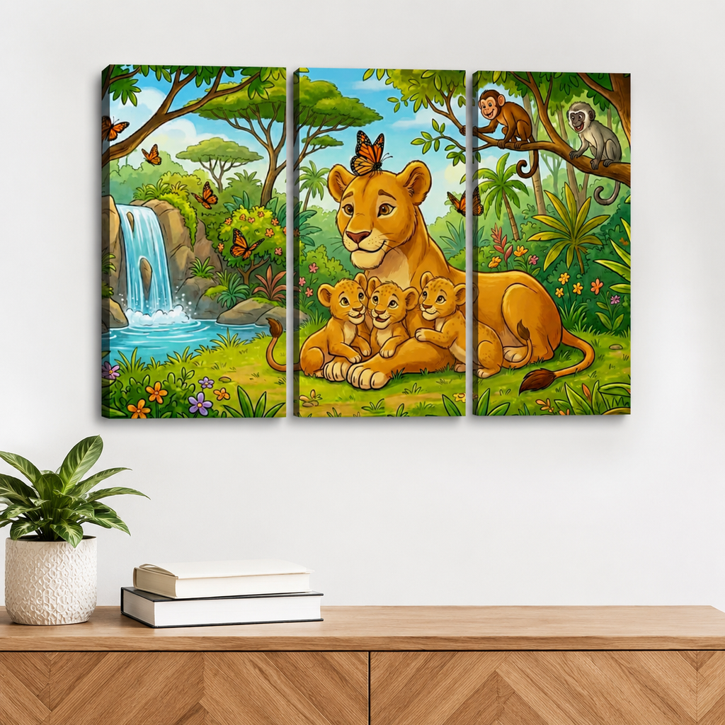 Kids Lion Canvas Wall Art – Bold Wildlife Print for Children's Rooms | 1 & 3 Panel Bedroom Décor