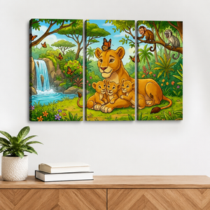Kids Lion Canvas Wall Art – Bold Wildlife Print for Children's Rooms | 1 & 3 Panel Bedroom Décor
