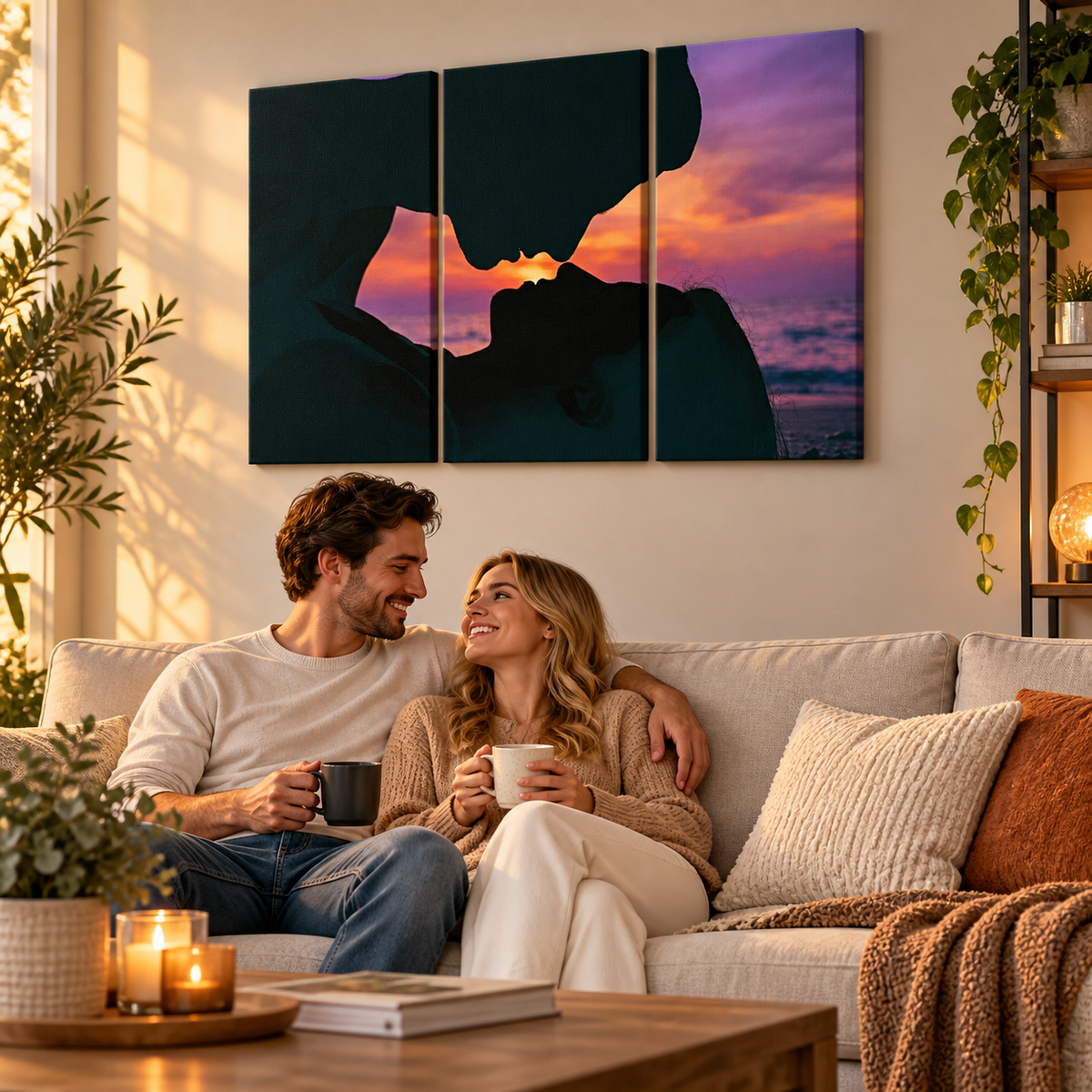 Loving Couple Kissing at Sunset on Gulf Ocean Beach — Multi-Panel Canvas Wall Art