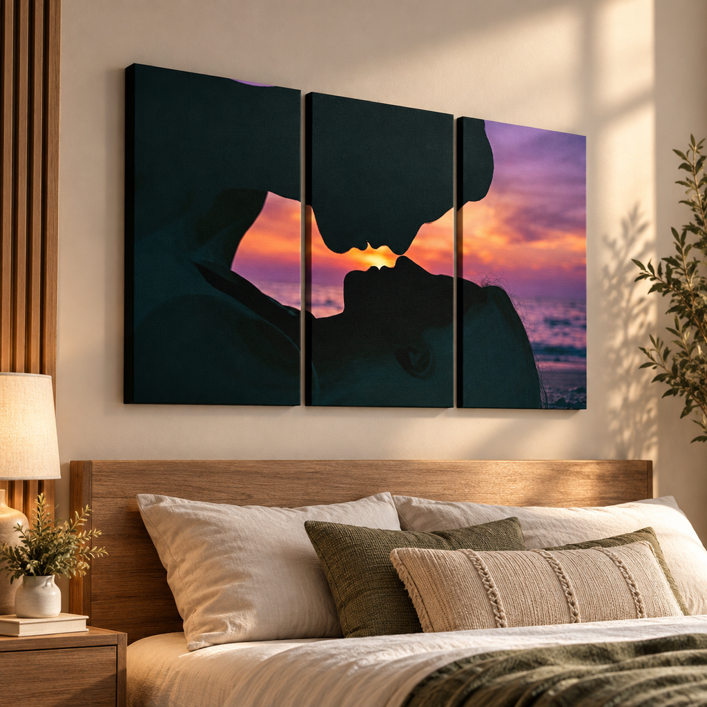 Loving Couple Kissing at Sunset on Gulf Ocean Beach — Multi-Panel Canvas Wall Art