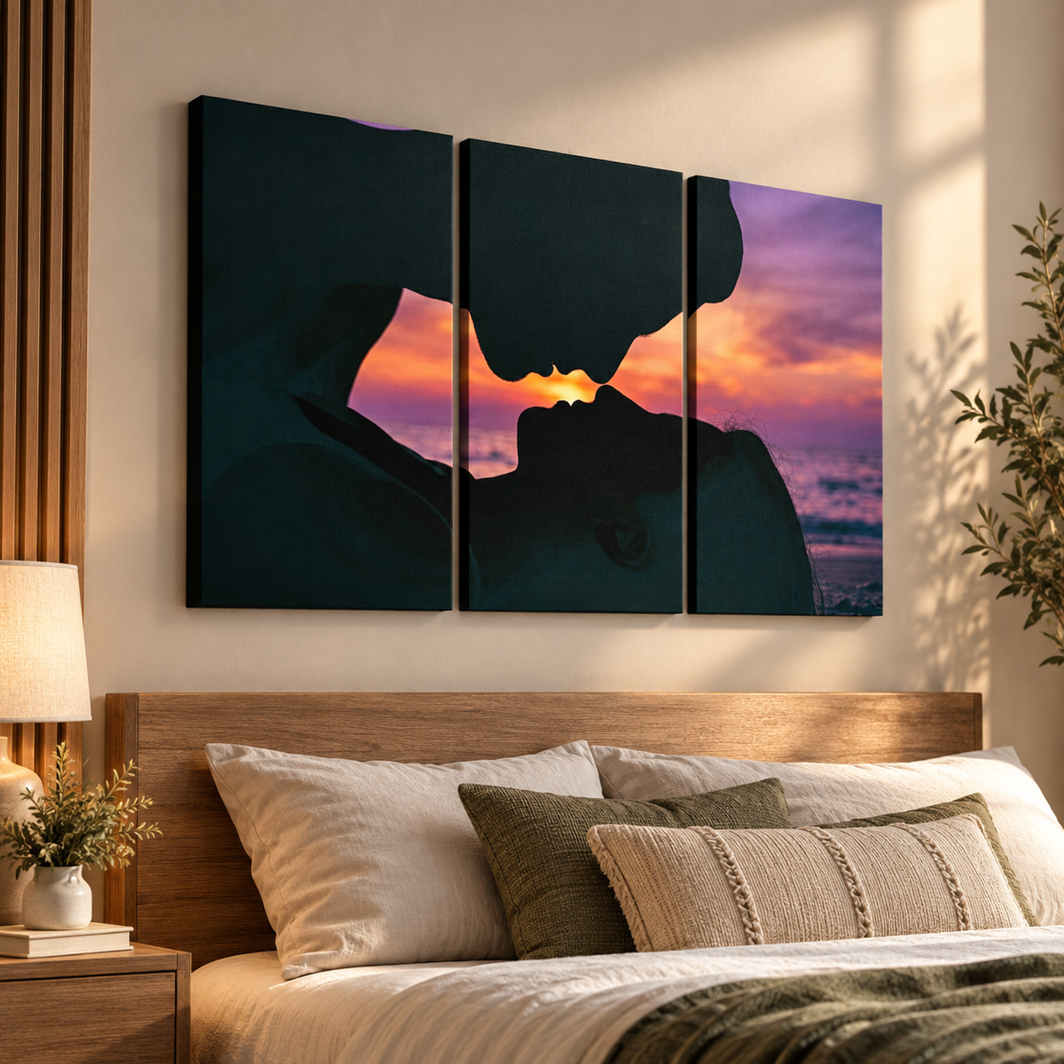 Loving Couple Kissing at Sunset on Gulf Ocean Beach — Multi-Panel Canvas Wall Art