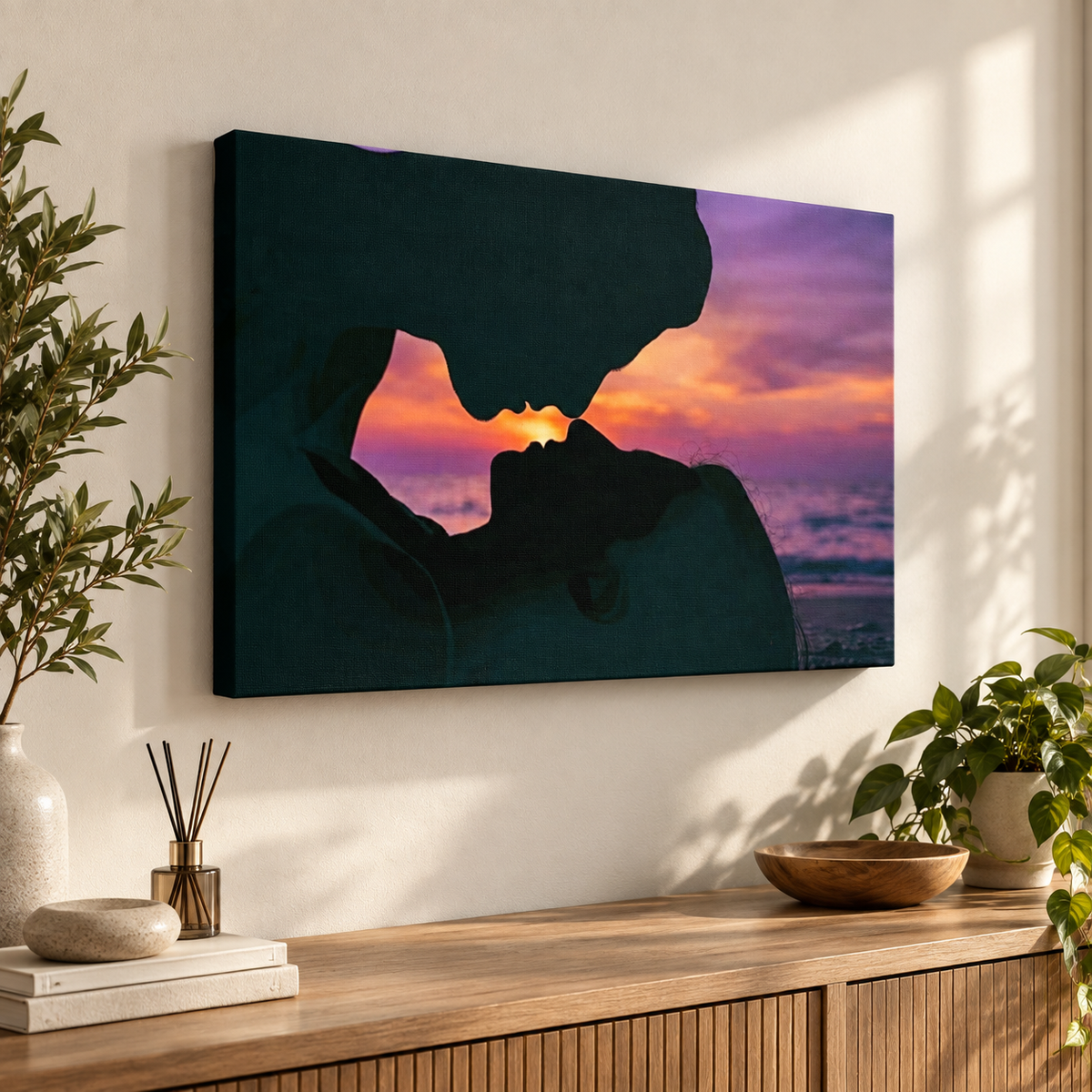 Loving Couple Kissing at Sunset on Gulf Ocean Beach — Multi-Panel Canvas Wall Art