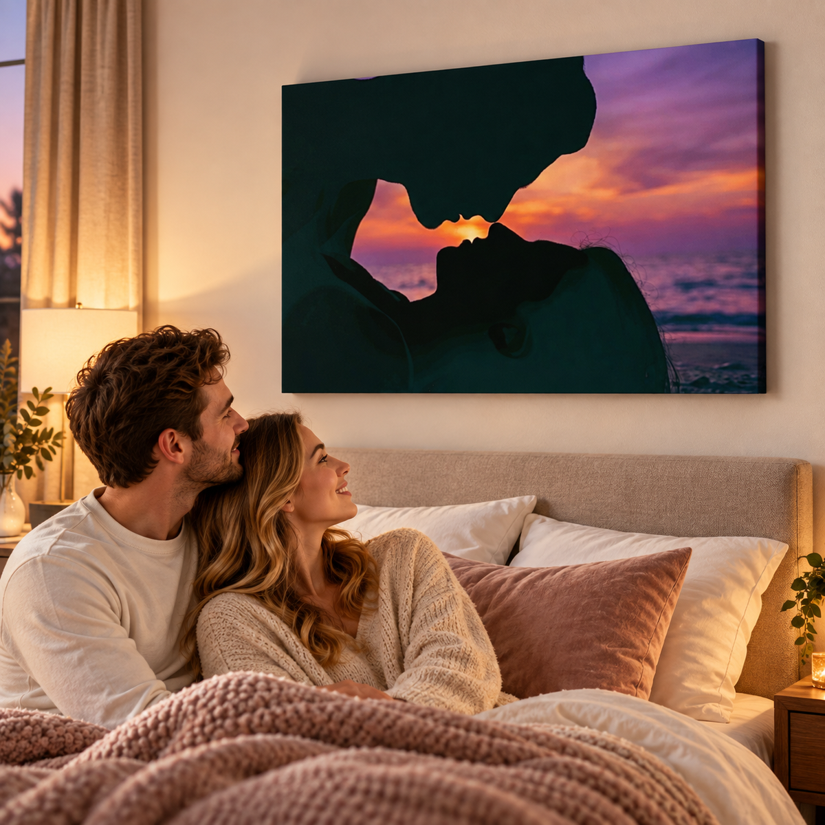 Loving Couple Kissing at Sunset on Gulf Ocean Beach — Multi-Panel Canvas Wall Art