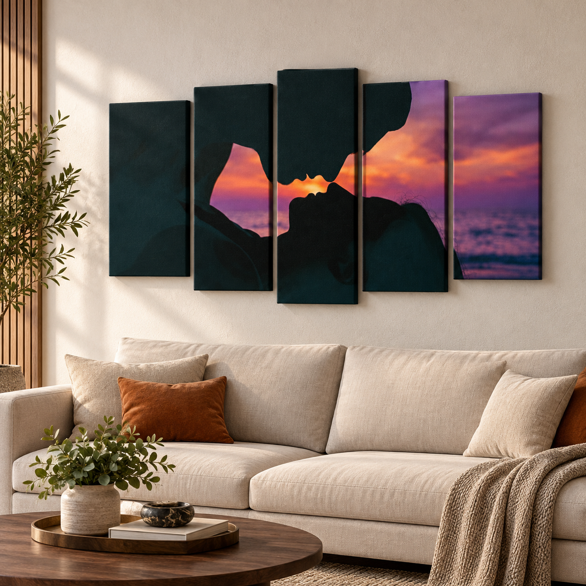 Loving Couple Kissing at Sunset on Gulf Ocean Beach — Multi-Panel Canvas Wall Art