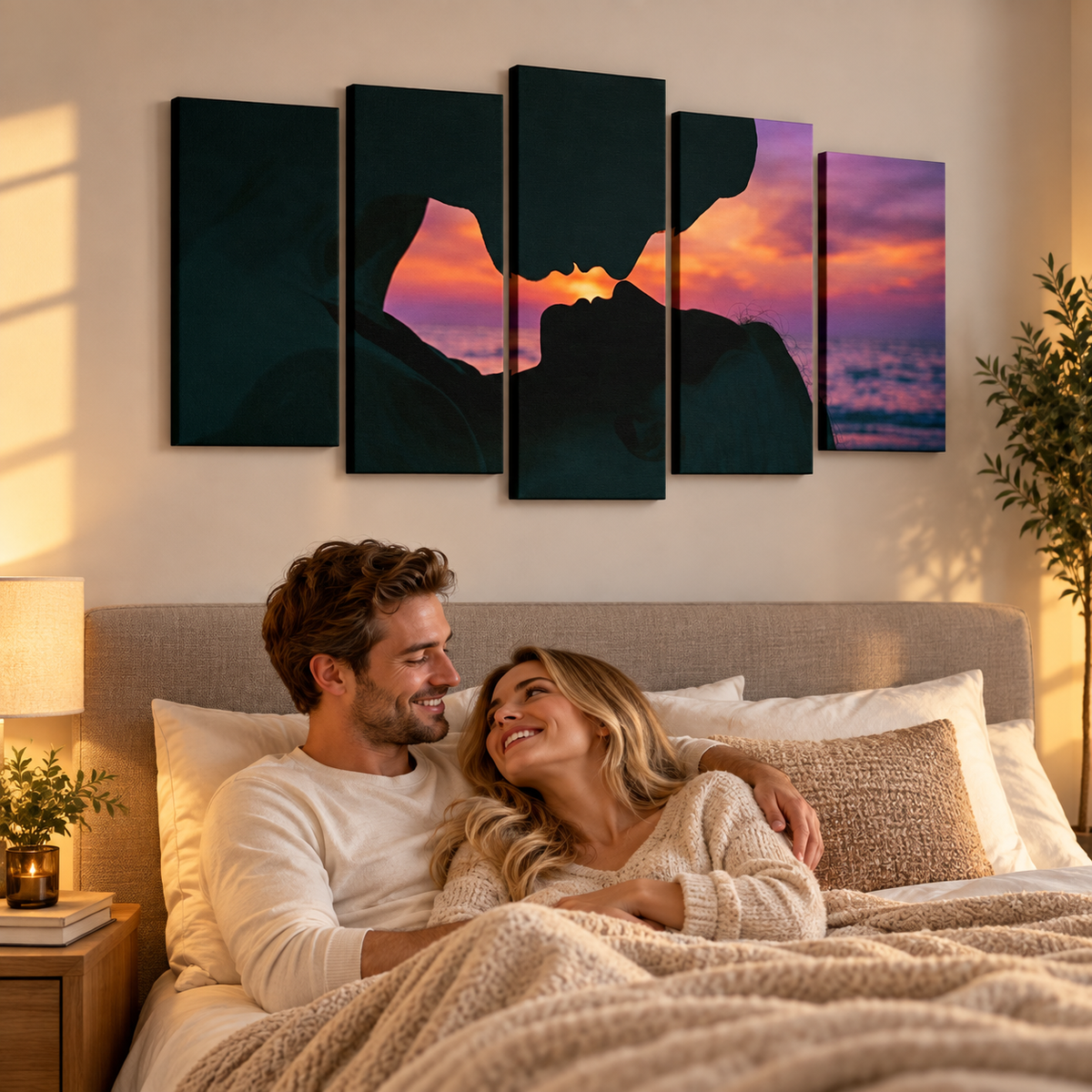 Loving Couple Kissing at Sunset on Gulf Ocean Beach — Multi-Panel Canvas Wall Art