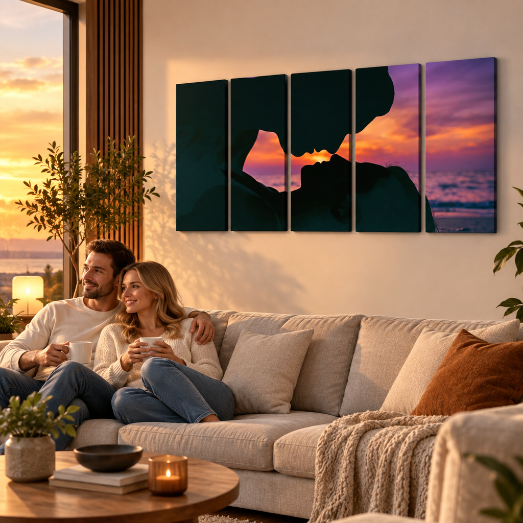 Loving Couple Kissing at Sunset on Gulf Ocean Beach — Multi-Panel Canvas Wall Art