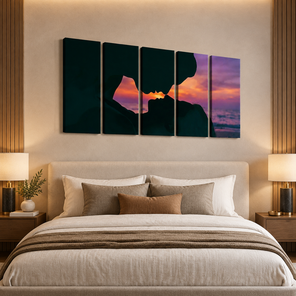 Loving Couple Kissing at Sunset on Gulf Ocean Beach — Multi-Panel Canvas Wall Art