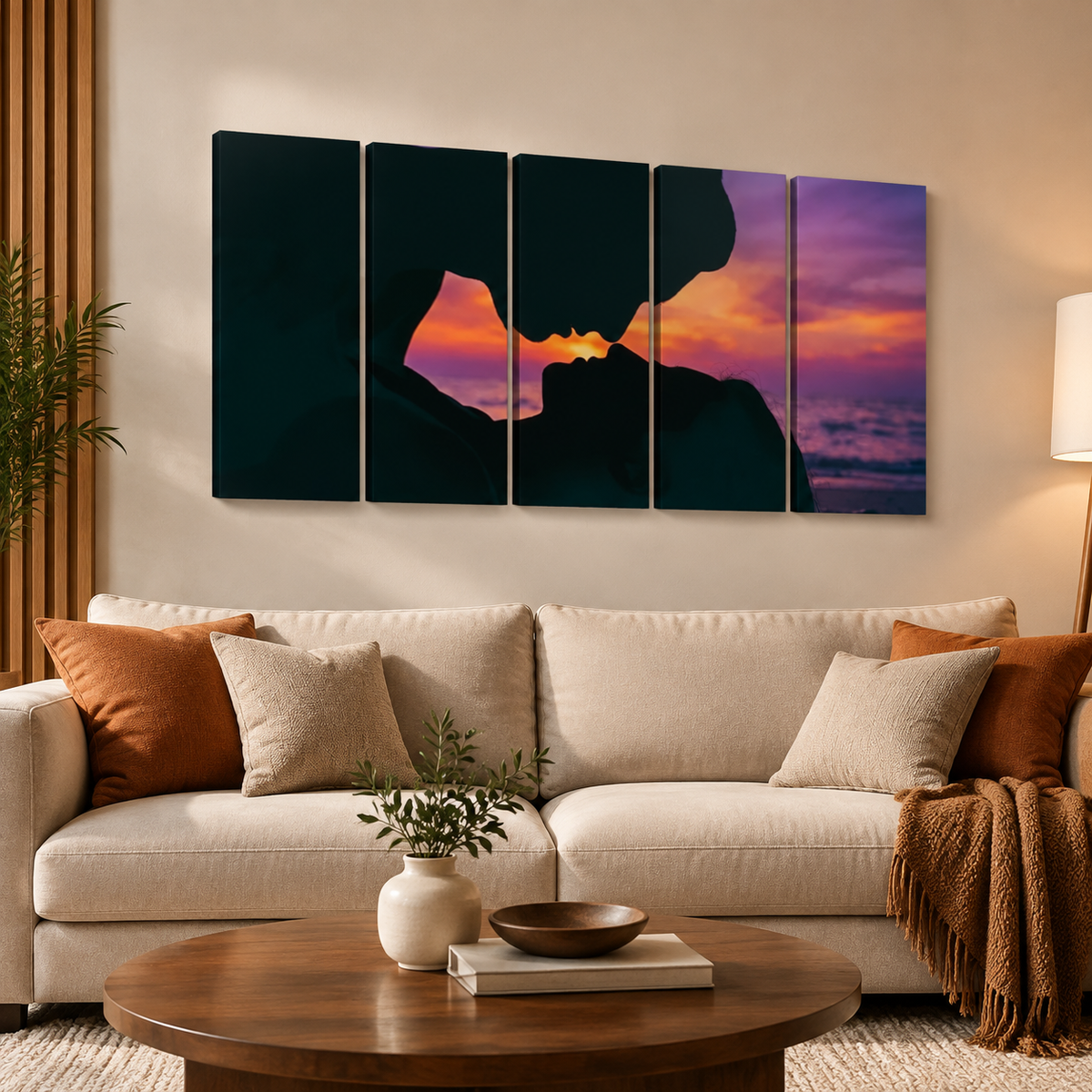 Loving Couple Kissing at Sunset on Gulf Ocean Beach — Multi-Panel Canvas Wall Art