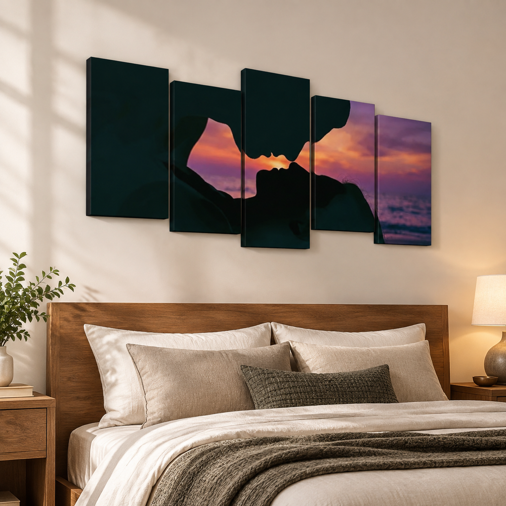 Loving Couple Kissing at Sunset on Gulf Ocean Beach — Multi-Panel Canvas Wall Art