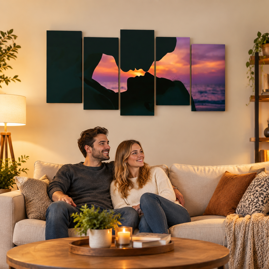 Loving Couple Kissing at Sunset on Gulf Ocean Beach — Multi-Panel Canvas Wall Art
