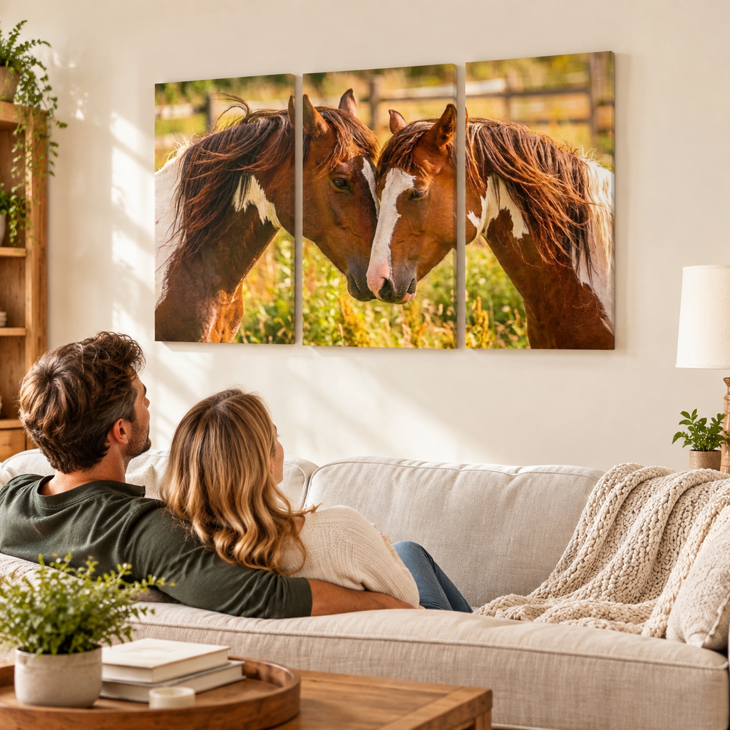 A three-panel canvas wall art print depicting two brown horses facing each other in a sunlit field, displayed above a couple sitting on a light beige sofa in a cozy living room.