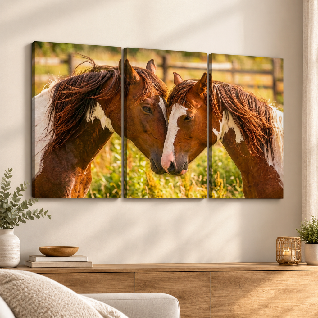 A three-panel canvas wall art set depicting two brown pinto horses facing each other in a sunlit field, displayed above a wooden console in a styled living room setting.